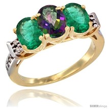 Size 9 - 10K Yellow Gold Natural Mystic Topaz &amp; Emerald Sides Ring 3-Stone Oval  - $637.97