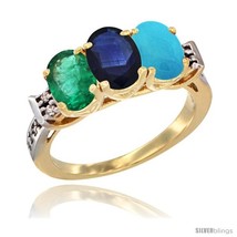 Size 9.5 - 10K Yellow Gold Natural Emerald, Blue Sapphire &amp; Turquoise Ring  - £535.60 GBP