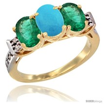 Size 5 - 10K Yellow Gold Natural Turquoise &amp; Emerald Sides Ring 3-Stone Oval  - £524.21 GBP