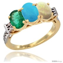 Size 7.5 - 10K Yellow Gold Natural Emerald, Turquoise &amp; Opal Ring 3-Stone Oval  - £492.14 GBP