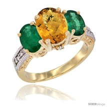 Size 9 - 10K Yellow Gold Ladies 3-Stone Oval Natural Whisky Quartz Ring with  - £562.17 GBP
