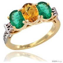 Yellow gold natural whisky quartz emerald sides ring 3 stone oval 7x5 mm diamond accent thumb200