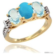 Size 7 - 10K Yellow Gold Natural Turquoise &amp; Aquamarine Sides Ring 3-Stone Oval  - £528.11 GBP