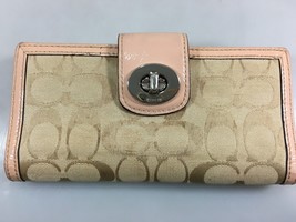 Coach Beige Signature Fabric Pink Patent Leather Turnlock Slim Wallet - $27.93