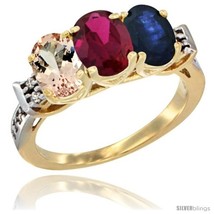 Size 9 - 10K Yellow Gold Natural Morganite, Ruby &amp; Blue Sapphire Ring 3-Stone  - $655.07