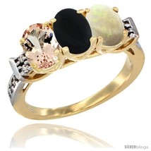 Size 8.5 - 10K Yellow Gold Natural Morganite, Black Onyx &amp; Opal Ring 3-Stone  - £464.93 GBP