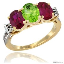 Size 5.5 - 10K Yellow Gold Natural Peridot &amp; Ruby Sides Ring 3-Stone Oval 7x5  - £446.64 GBP