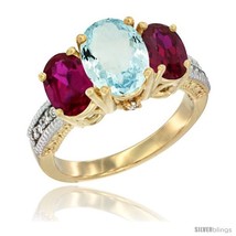 Size 7 - 10K Yellow Gold Ladies 3-Stone Oval Natural Aquamarine Ring wit... - £529.60 GBP