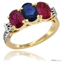 Size 9.5 - 10K Yellow Gold Natural Blue Sapphire &amp; Ruby Sides Ring 3-Stone Oval  - £486.97 GBP