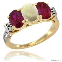 Size 9.5 - 10K Yellow Gold Natural Opal &amp; Ruby Sides Ring 3-Stone Oval 7x5 mm  - £443.17 GBP
