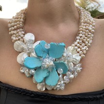 Spring Flowers Pendant 21&quot; Turquoise Freshwater Pearls Handmade Bib Choker Neckl - £231.00 GBP