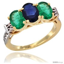 Size 8 - 10K Yellow Gold Natural Blue Sapphire &amp; Emerald Sides Ring 3-Stone  - £550.72 GBP