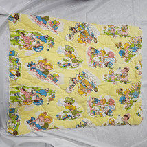 Vintage Baby Quilt Yellow Kids Boy Girl Playing Blowing Bubbles Truck Reading - £54.26 GBP