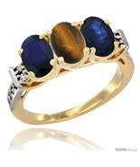 Size 5.5 - 10K Yellow Gold Natural Tiger Eye &amp; Blue Sapphire Sides Ring ... - £518.47 GBP