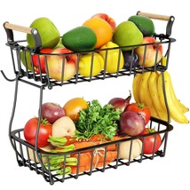 2 Tier Fruit Basket Bowl With 2 Banana Hangers For Kitchen Counter, Countertop F - £26.99 GBP