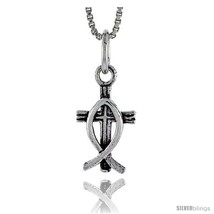Sterling Silver Cross w/ Christian Fish Pendant, 1/2 in  - £25.06 GBP