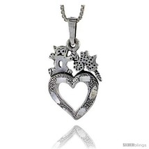 Sterling silver heart teddy bear and flower pendant 1 in tall thumb200