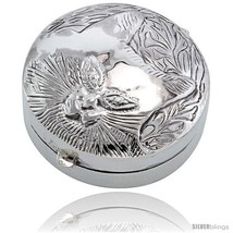 Sterling Silver Pill Box, 1 3/8in  (35 mm) Round Shape, Embossed  - £103.86 GBP