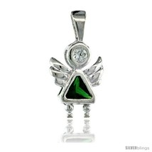 Sterling Silver May Birthstone Angel Pendant w/ Emerald Color Cubic  - £13.86 GBP