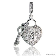 Sterling Silver Heart Shape Lock &amp; Key Pendant w/ Pave CZ Stones, 1 3/16in  (30  - £63.15 GBP