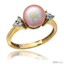 Size 5.5 - 14k Gold 8.5 mm Pink Pearl Ring w/ 0.105 Carat Brilliant Cut  - £373.85 GBP