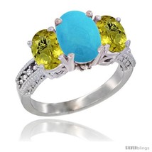 Size 7.5 - 10K White Gold Ladies Natural Turquoise Oval 3 Stone Ring with Lemon  - £515.19 GBP