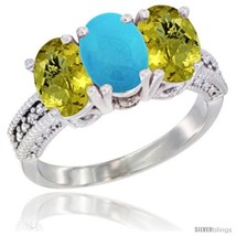 Size 9 - 10K White Gold Natural Turquoise &amp; Lemon Quartz Sides Ring 3-Stone  - £457.88 GBP