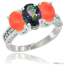 Size 5.5 - 10K White Gold Natural Mystic Topaz &amp; Coral Sides Ring 3-Stone Oval  - £433.61 GBP