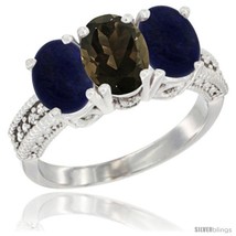 Size 7.5 - 10K White Gold Natural Smoky Topaz &amp; Lapis Sides Ring 3-Stone Oval  - £426.38 GBP