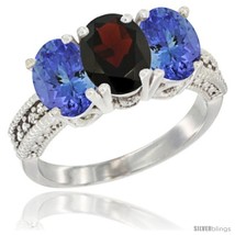 Size 6 - 10K White Gold Natural Garnet &amp; Tanzanite Sides Ring 3-Stone Oval 7x5  - £510.25 GBP