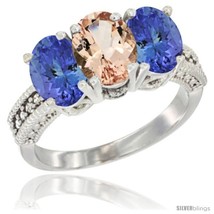 Size 7 - 10K White Gold Natural Morganite &amp; Tanzanite Sides Ring 3-Stone Oval  - £493.39 GBP