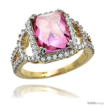 Size 10 - 14k Gold Natural Pink Topaz Ring 10x8 mm Emerald Shape Diamond Halo,  - £1,141.03 GBP
