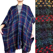 Vintage 90s Plaid Irish Wool Blend Poncho Cape Shrug Wrap Cardigan One Size - £37.12 GBP