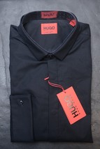 HUGO BOSS Uomo Ejina Extra Slim Fit Polsino Francese Solido Nero Camicia... - $68.59