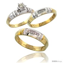Size 7.5 - 10k Yellow Gold Diamond Trio Wedding Ring Set His 5.5mm &amp; Hers 4mm  - £587.54 GBP