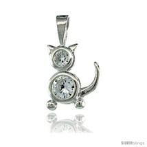 Sterling Silver April Birthstone Cat Pendant w/ Clear Color Cubic  - $17.65