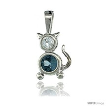 Sterling Silver March Birthstone Cat Pendant w/ Aquamarine Color Cubic  - $17.65