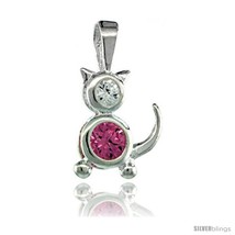 Sterling Silver October Birthstone Cat Pendant w/ Pink Tourmaline Color Cubic  - $17.65