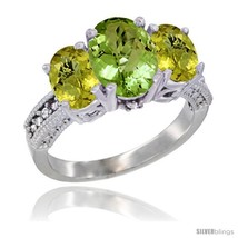 Size 9 - 10K White Gold Ladies Natural Peridot Oval 3 Stone Ring with Lemon  - £498.31 GBP