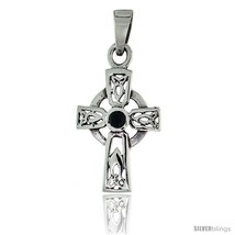 Sterling Silver Small Trinity Celtic Cross Pendant w/ Single Black CZ, w/ 18in   - £22.91 GBP