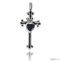 Sterling Silver Heart &amp; Crown on Cross Fleury Pendant w/ Black CZ, w/ 18in  Thin - £33.88 GBP