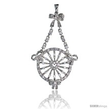 Sterling Silver Wreath Pendant w/ Heart &amp; Bow Ribbons &amp; Pave CZ Stones, 2 1/4in  - £99.62 GBP