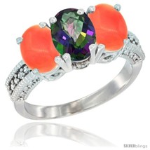 Size 6.5 - 10K White Gold Natural Mystic Topaz &amp; Coral Sides Ring 3-Stone Oval  - £433.61 GBP