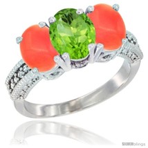 Size 6 - 10K White Gold Natural Peridot &amp; Coral Sides Ring 3-Stone Oval 7x5 mm  - £434.96 GBP