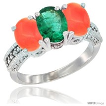 Size 10 - 10K White Gold Natural Emerald &amp; Coral Sides Ring 3-Stone Oval 7x5 mm  - £460.21 GBP