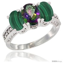 Size 6 - 10K White Gold Natural Mystic Topaz &amp; Malachite Sides Ring 3-Stone  - £425.06 GBP