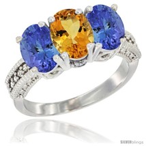 Size 5 - 10K White Gold Natural Citrine &amp; Tanzanite Sides Ring 3-Stone Oval 7x5  - £504.88 GBP