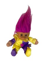 Vintage Russ Berrie 6&quot; Clown Jester Troll Purple Yellow Soft Body Toy - £9.57 GBP