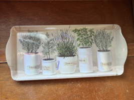Tan w Green Herbs in White Pots Plastic Melamine Rectangle Serving Tray ... - $11.29