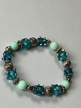 Aqua Blue Glass Plastic Round  &amp; Silvertone Ridged Bead Stretch Bracelet - will - £10.11 GBP